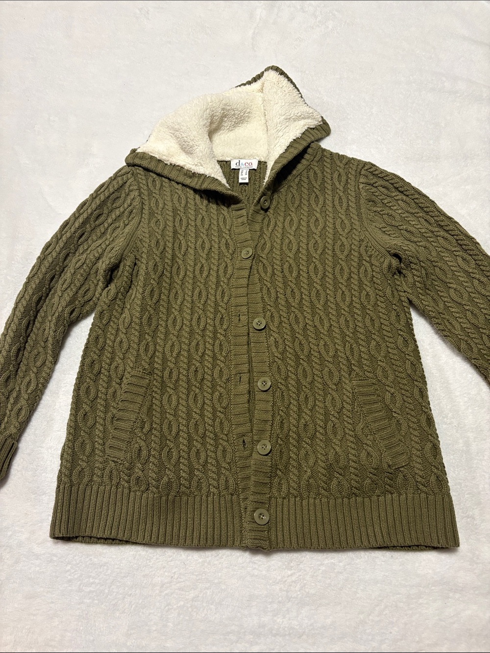 Denim&Co Olive Cable Knit Hooded Cardigan with Sherpa Lining